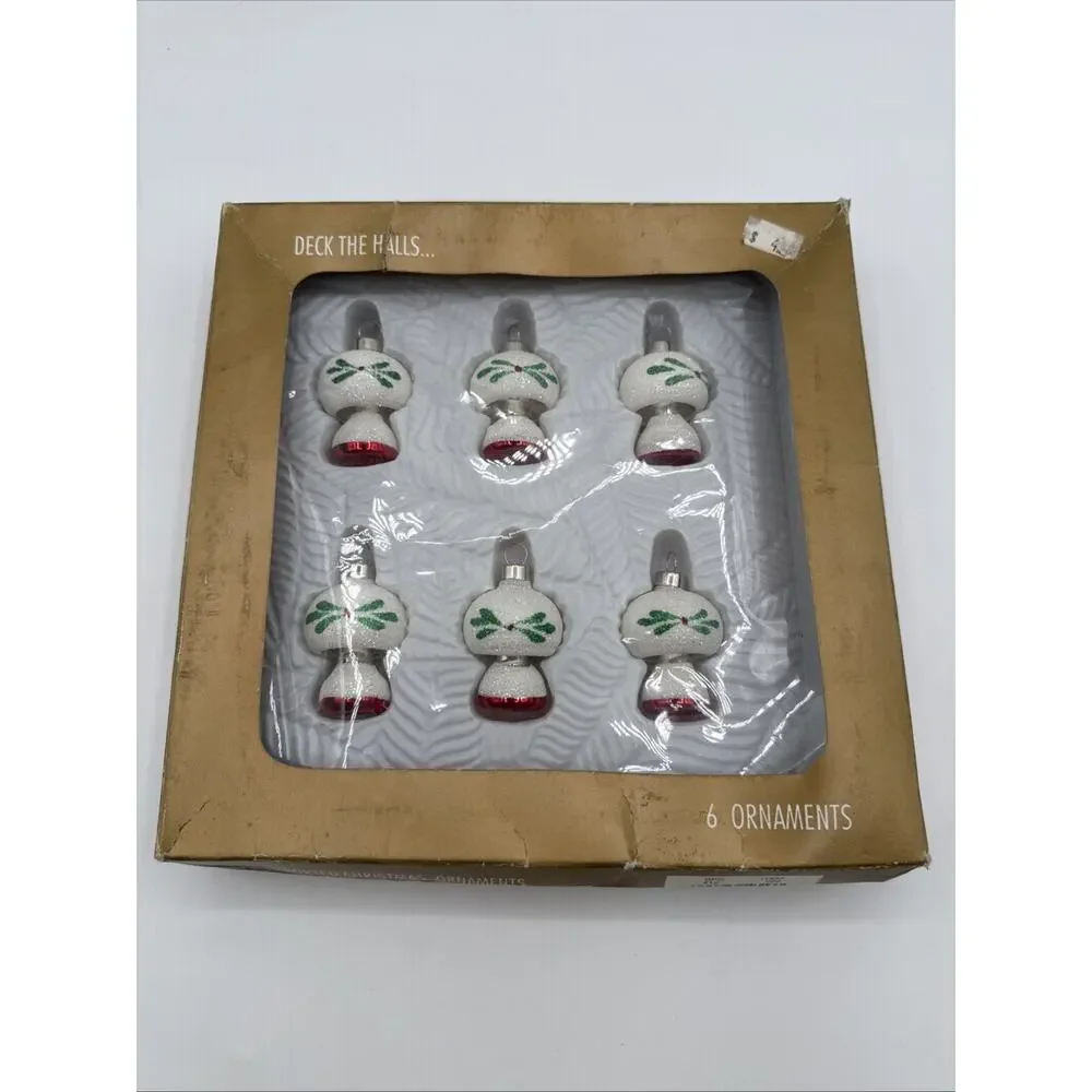 VTG 6 Lantern Mushroom White Glitter Red Green Silver Glass Christmas Ornament